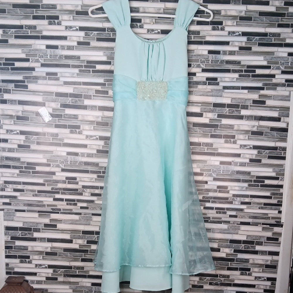 Bonnie Jean Girls 12 Ice Blue Front Pearl Beaded Dress Pageant  Sheer Tie Back